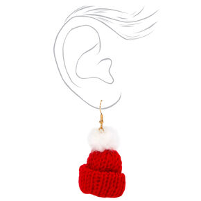 Gold 2&#39;&#39; Knit Hat Pom Drop Earrings - Red,