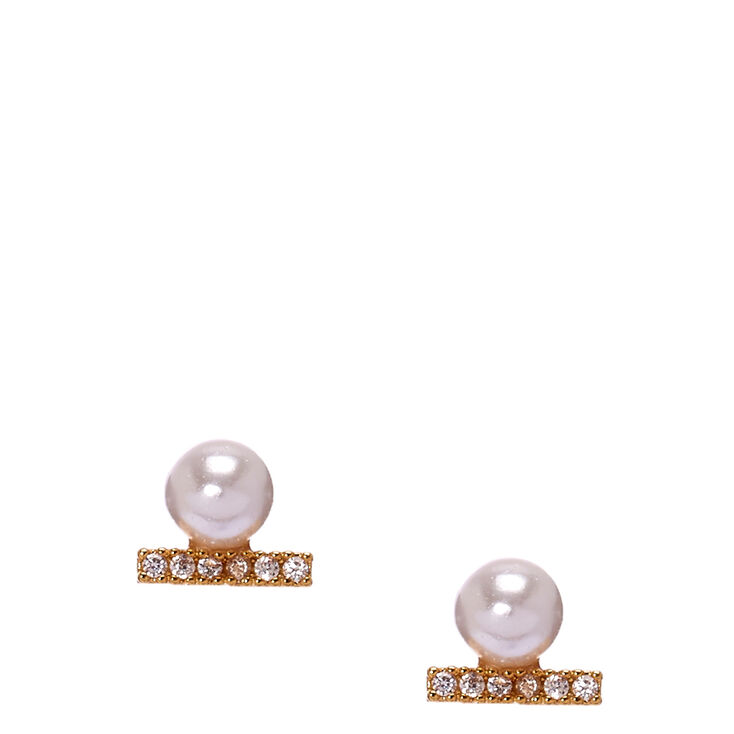 Gold Plated Pearl Bar Cubic Zirconia Earrings,