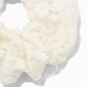 Embroidered Floral Mesh Hair Scrunchie - White,