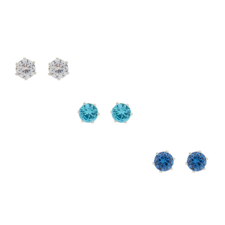 3 Pack Blue Cubic Zirconia Stud Earrings,