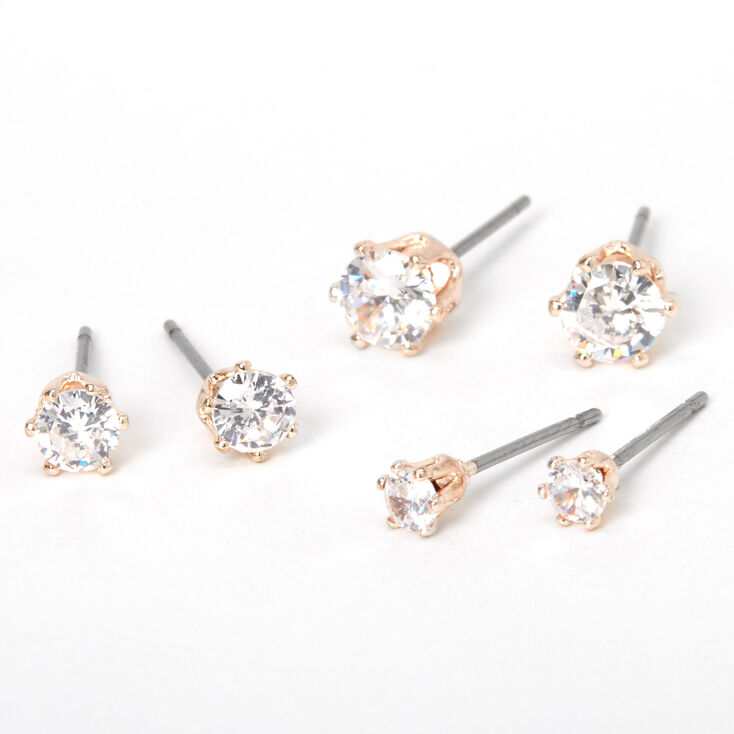 Rose Gold Cubic Zirconia Round Stud Earrings - 3MM, 4MM, 5MM,