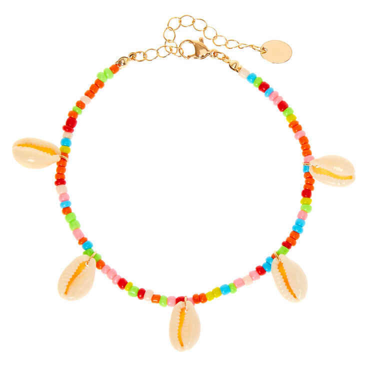 Neon Rainbow Beaded Cowrie Shell Anklet,