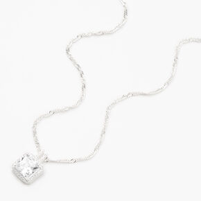 Silver Cubic Zirconia Square Halo Pendant Necklace,