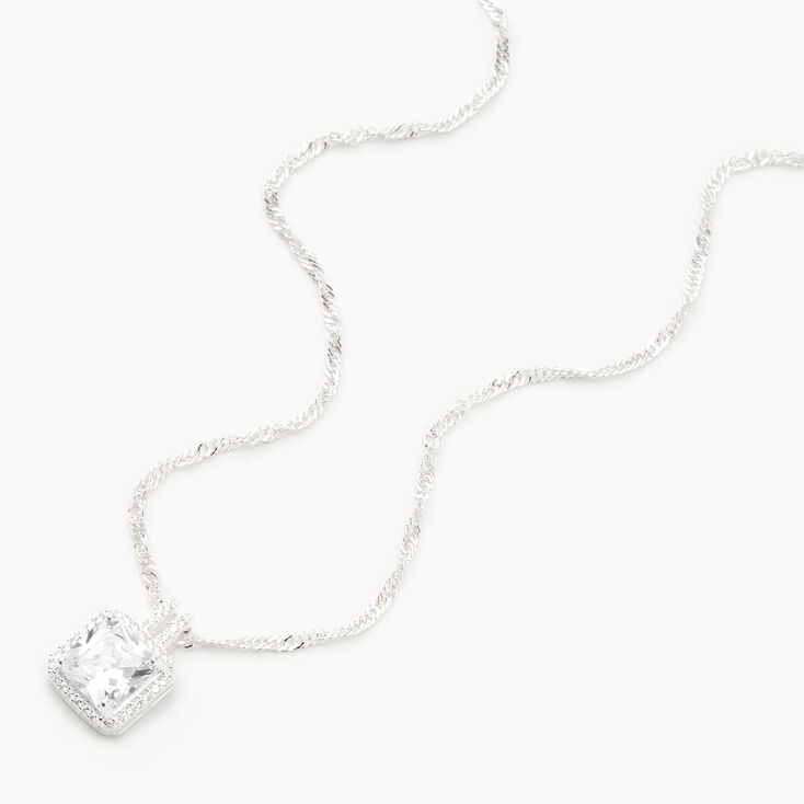 Silver Cubic Zirconia Square Halo Pendant Necklace,