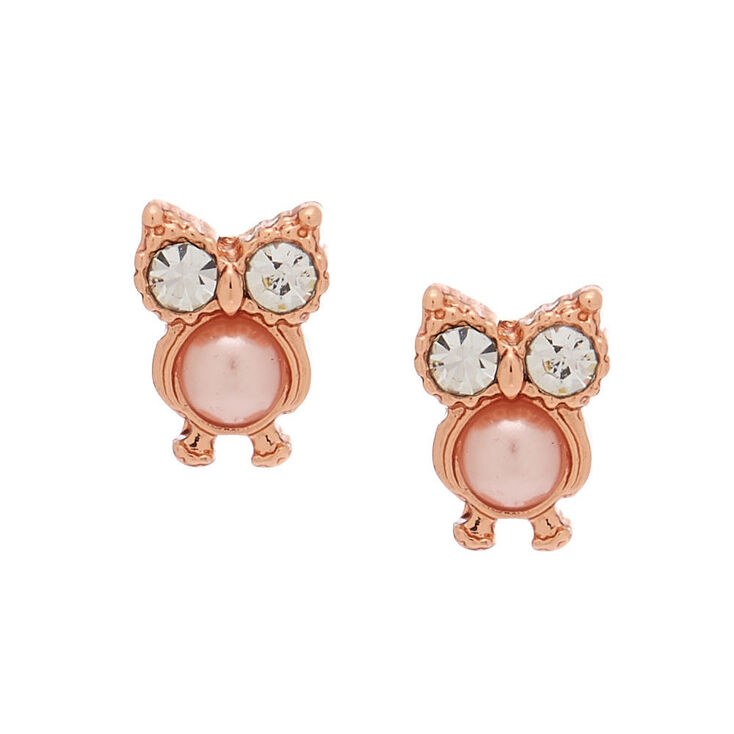 18kt Rose Gold Plated Pearl Owl Stud Earrings,