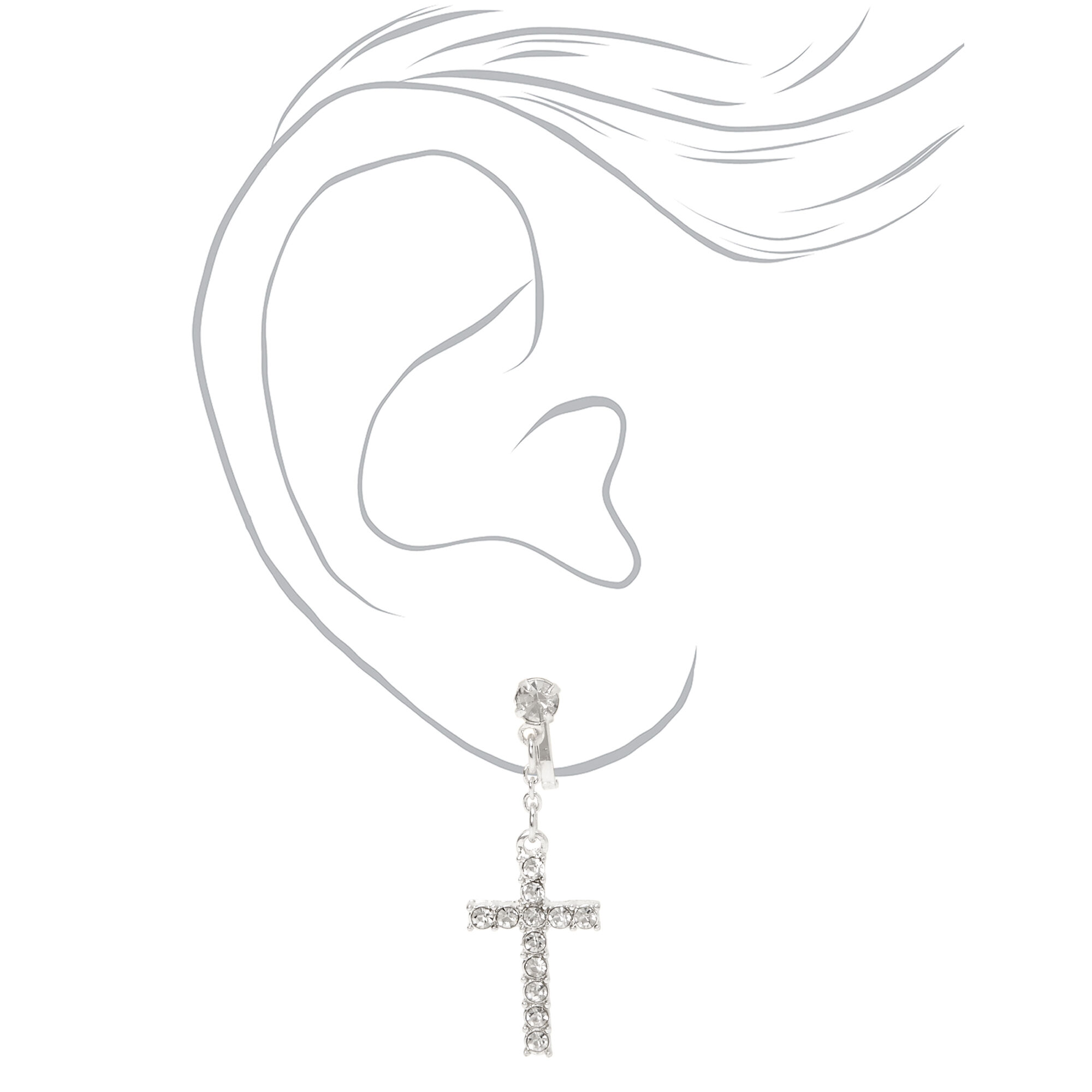 Silver Embellished Cross Clip On Stud Earrings Icing US