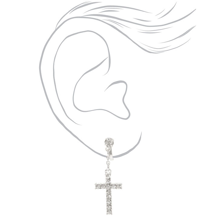 Silver Embellished Cross Clip On Stud Earrings,