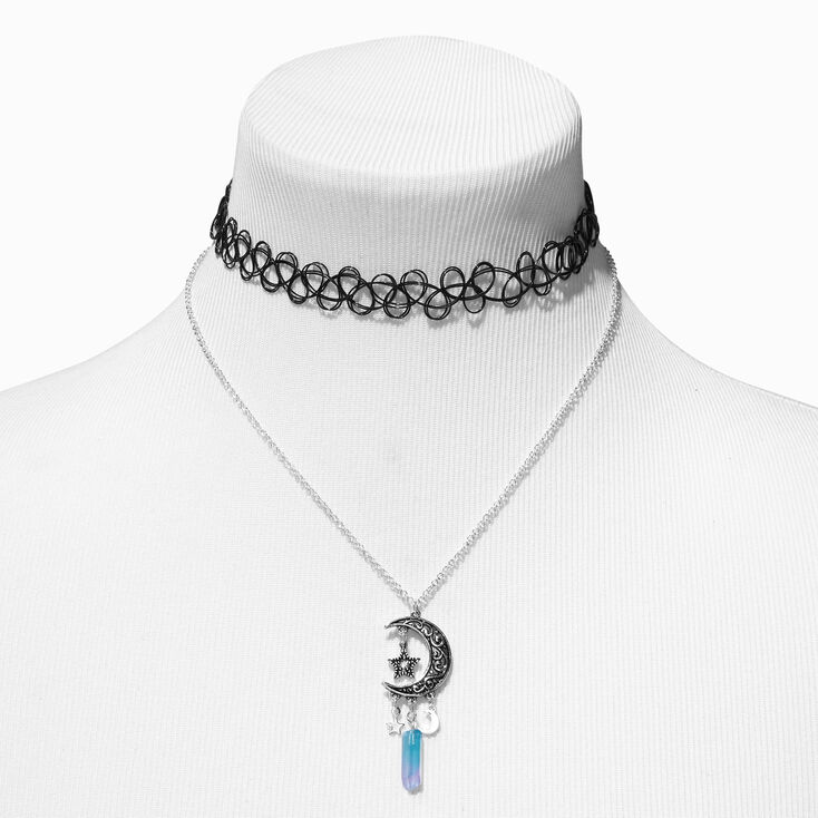Crescent Moon Blue Mystical Gem Pendant &amp; Black Tattoo Choker Necklaces - 2 Pack,