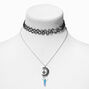 Crescent Moon Blue Mystical Gem Pendant &amp; Black Tattoo Choker Necklaces - 2 Pack,