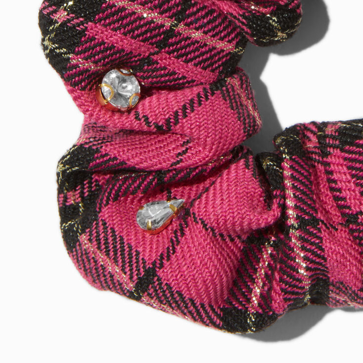Pink Plaid Crystal Embellished Hair Scrunchie,