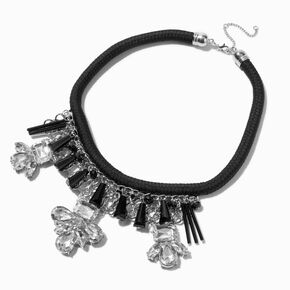 Gemstone Cluster Black Tassel Choker Necklace,