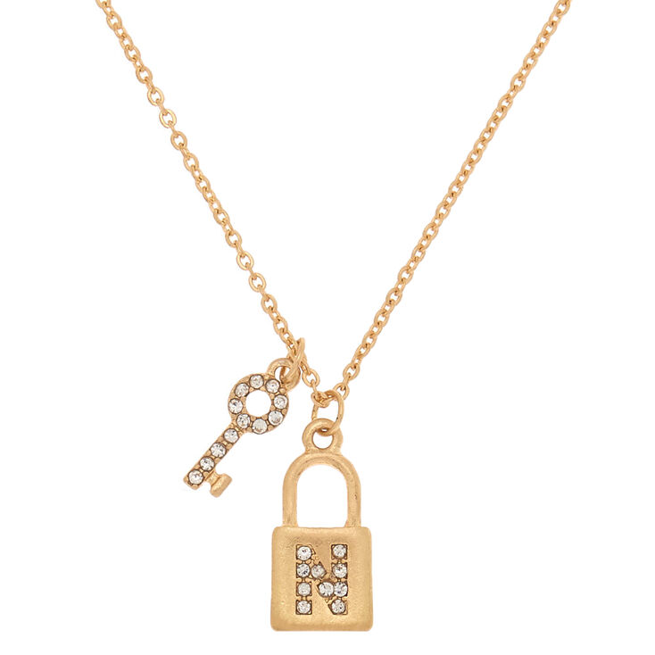 Gold Lock & Key Initial Pendant Necklace - N,