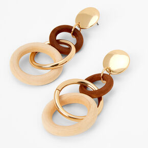 Gold 3&quot; Wooden Circle Drop Earrings - Brown,