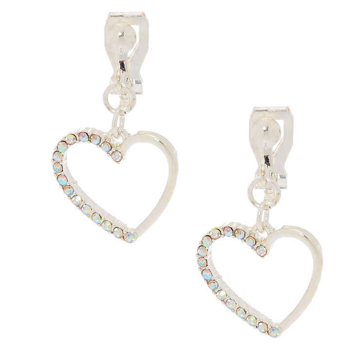Silver 1&quot; Heart Clip-On Drop Earrings,