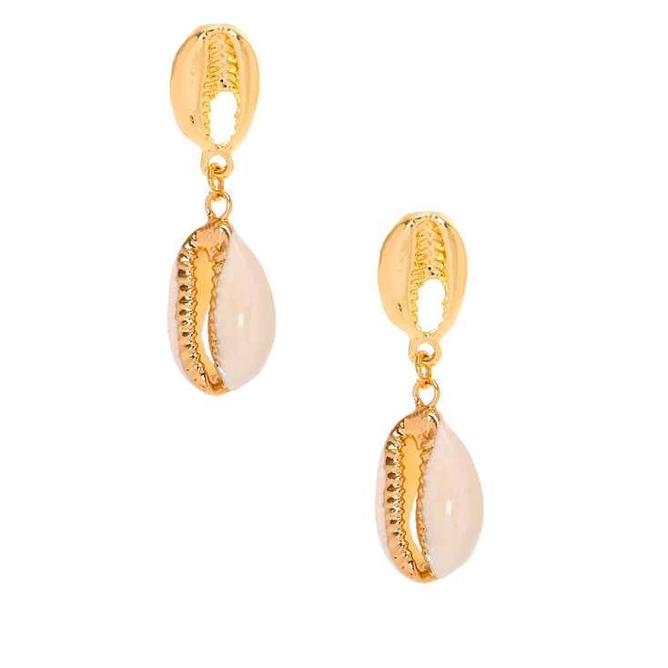 Gold 1.5" Cowrie Shell Drop Earrings,