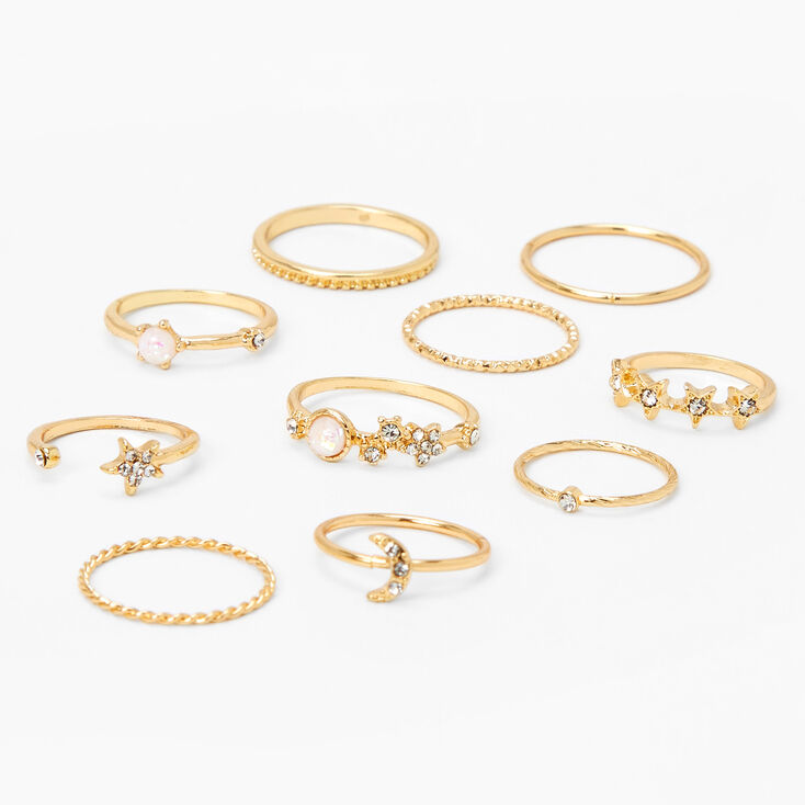 Gold Embellished Crystal &amp; Pearl Star Rings - 10 Pack,