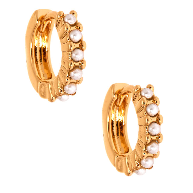 Gold 10MM Pearl Huggie Hoop Earrings,