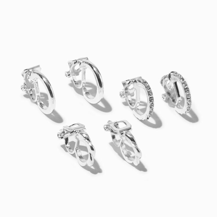 Silver Embellished Crystal Clip On Huggie Hoop Earrings - 3 Pack,