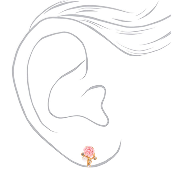 Gold Crystal Rose Clip On Stud Earrings - Pink,