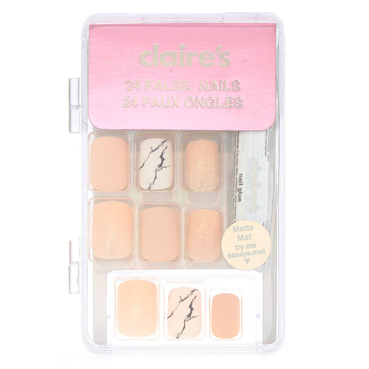Matte Marble Faux Nail Set - Pink, 24 Pack,