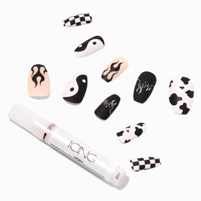 Black &amp; White Yin Yang Coffin Vegan Faux Nail Set - 24 Pack,