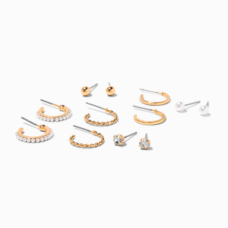 Gold Crystal Hoop &amp; Pearl Stud Earrings - 6 Pack,