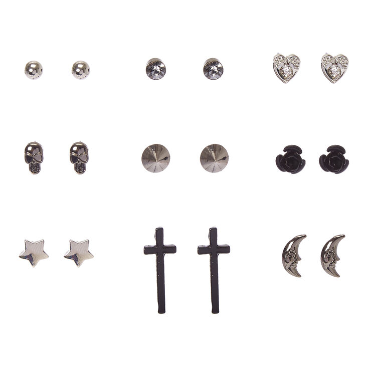 Black & Silver Celestial Gothic Stud Earrings,