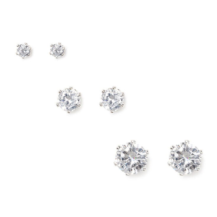 Silver Cubic Zirconia Graduated Large Round Stud Earrings - 3 Pack,