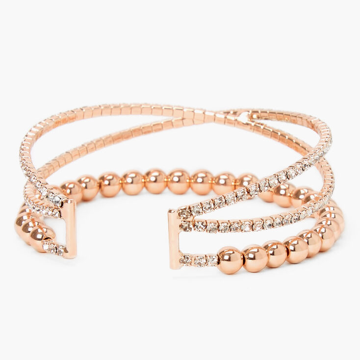 Rose Gold Criss Cross Rhinestone Beaded Cuff Bracelet,