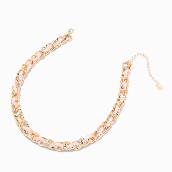 Pink Beaded Woven Gold Choker Necklace,