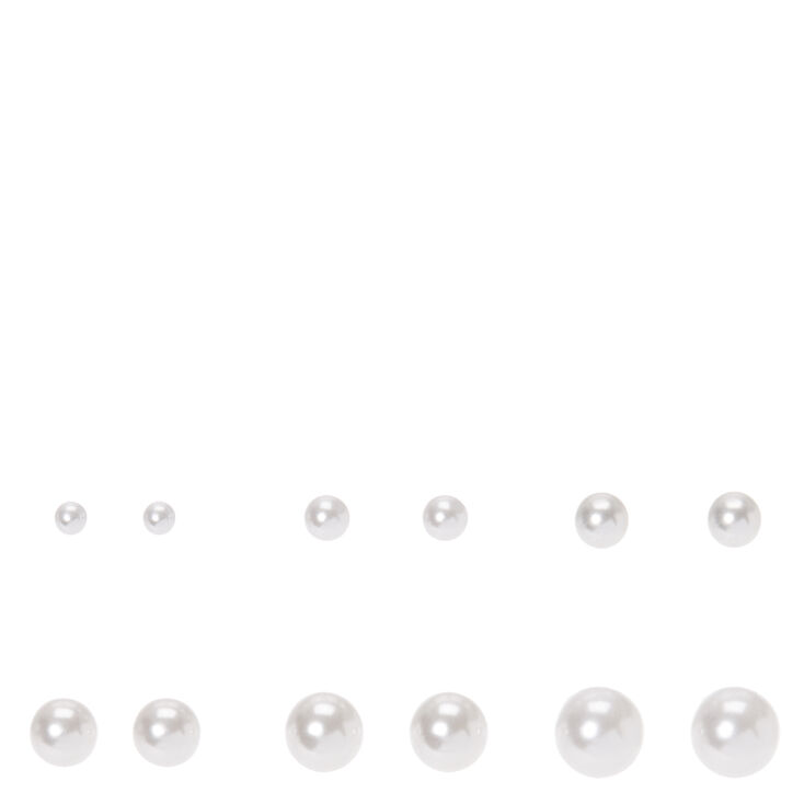 Graduated Pearl Stud Earrings - White, 6 Pack,