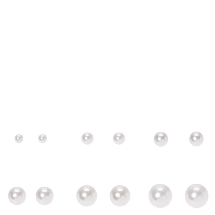 Graduated Pearl Stud Earrings - White, 6 Pack,