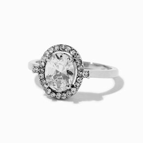Silver Oval Halo Cubic Zirconia Ring,