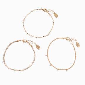 Gold-tone Cubic Zirconia Chain Bracelets - 3 Pack,