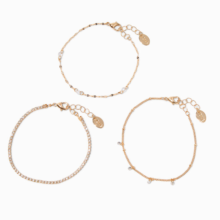 Gold-tone Cubic Zirconia Chain Bracelets - 3 Pack,