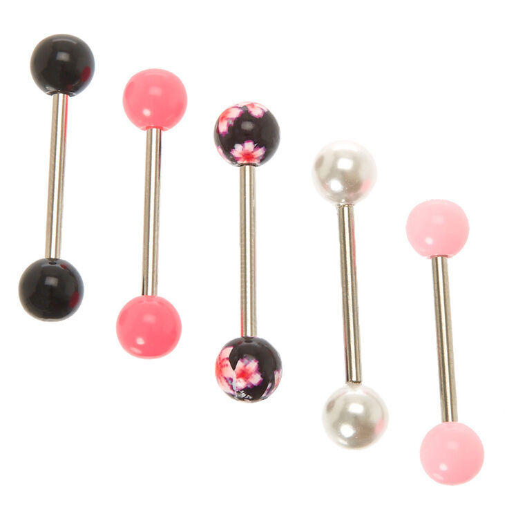 Silver-tone Stainless Steel 14G Flower Pink Pearl Tongue Rings - 5 Pack,