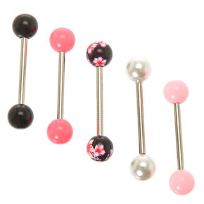 Silver 14G Flower Pearl Tongue Rings - Pink, 5 Pack,