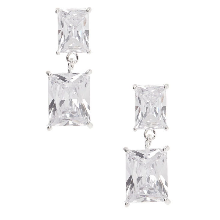 Silver Cubic Zirconia 1" Double Rectangle Drop Stud Earrings,