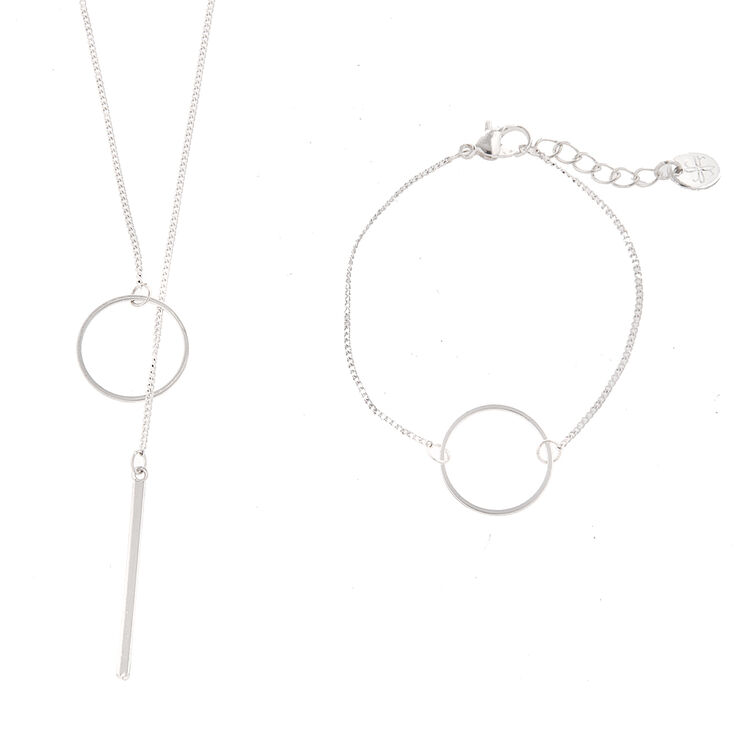 Silver Ring with Bar Lariat Necklace & Bracelet Set,