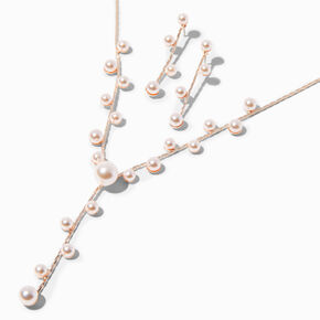 Blush Pink Pearl Y-Neck Necklace &amp; Drop Earrings Set - 2 Pack,