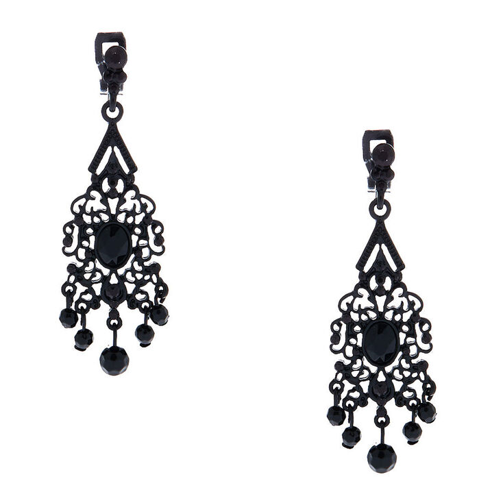 2" Filigree Beaded Clip On Drop Earrings - Black,