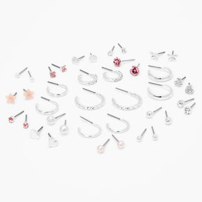 Silver Pretty Pink Stud &amp; Hoop Earrings - 20 Pack,