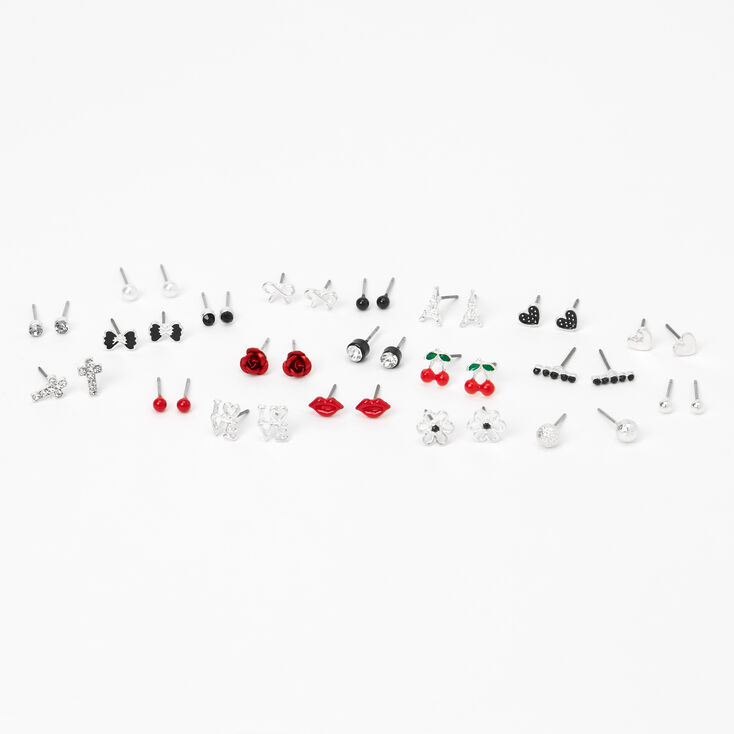 Silver Lovely Romance Stud Earrings - Red, 20 Pack,