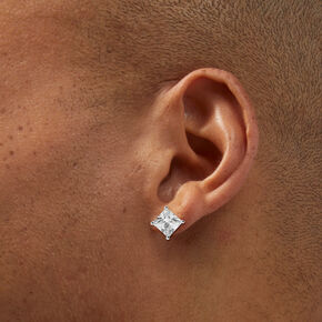 Silver Cubic Zirconia Square Stud Earrings - 8MM,