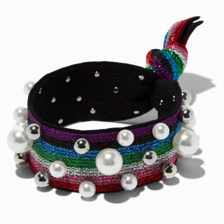 Pearl-Embellished Rainbow Print Hair Tie,