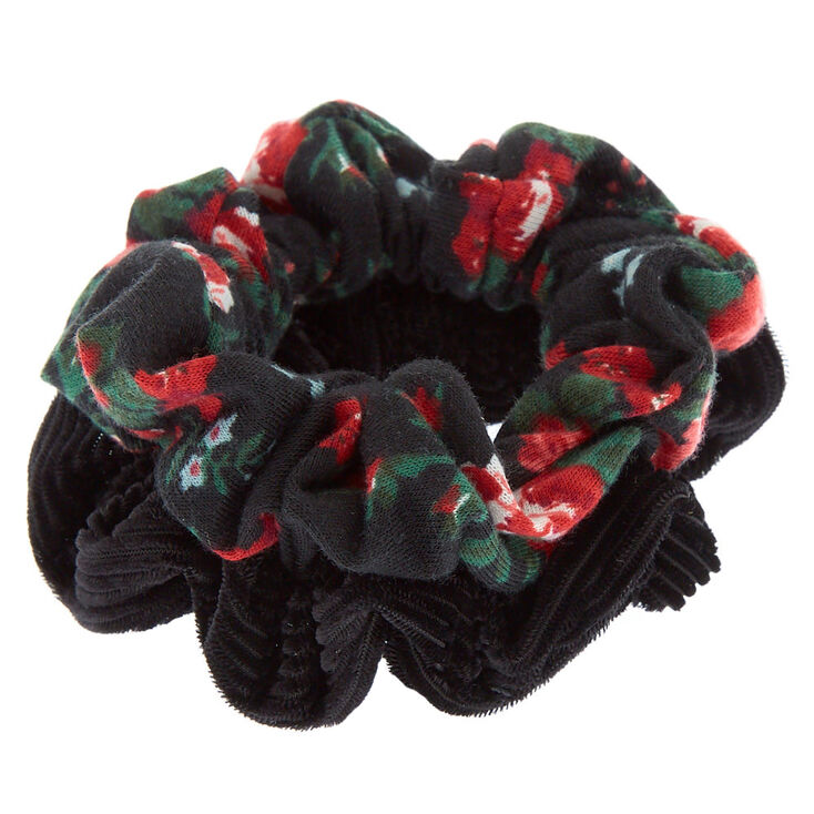 Velvet Floral Hair Scrunchies - Black, 2 Pack,