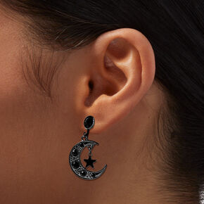 Black Crescent Moon Star 1&quot; Clip-On Drop Earrings,
