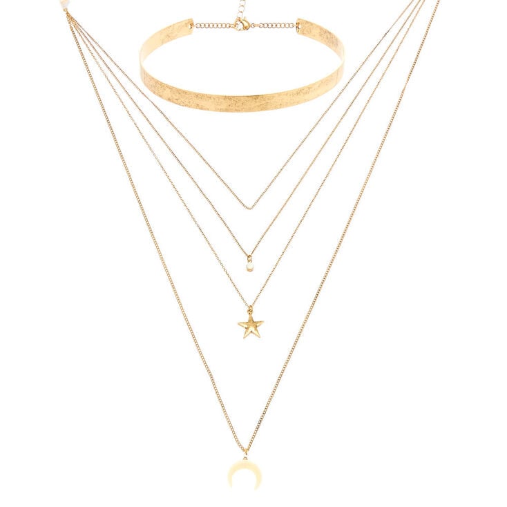 Distressed Gold Layered Choker Charm Necklace,