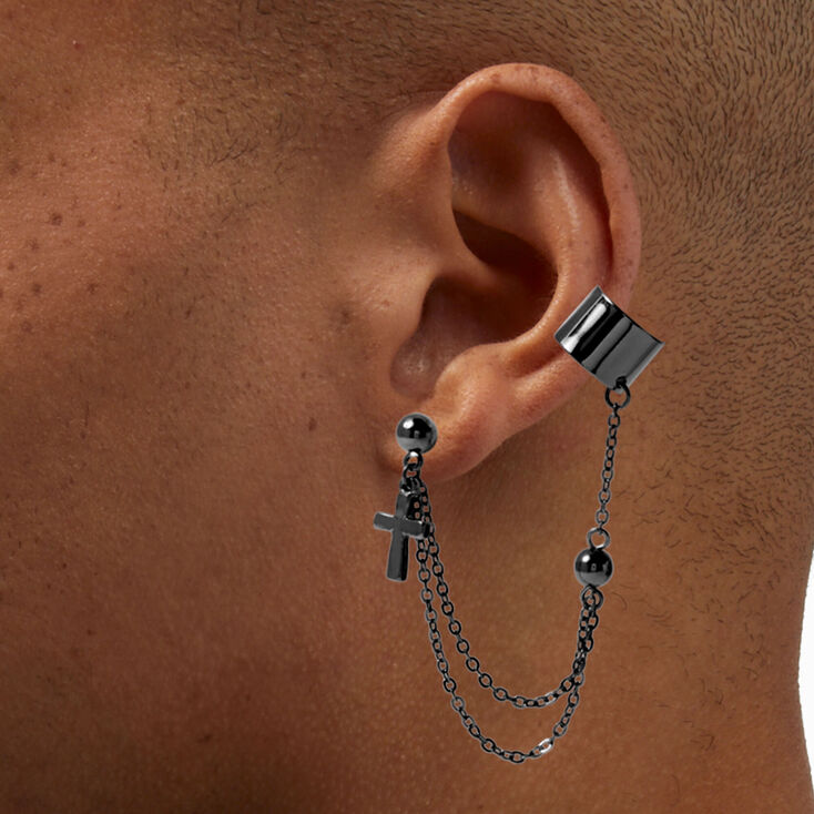 Black Sword &amp; Cross Connector Cuff Earring Stackables - 5 Pack,