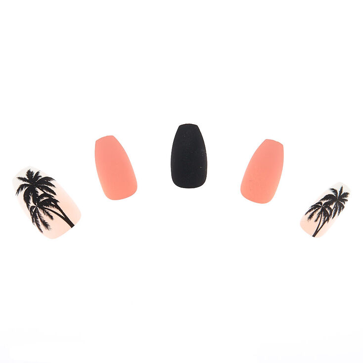 Matte Palm Tree Faux Nail Set - Pink, 24 Pack,